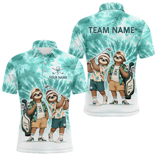 Maxcorners Funny Sloth Golf Polo Shirt For Men â€“ Blue Tie Dye Custom Name Golf Shirt, Golf Gift LM1005
