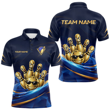 Maxcorners Gold Bowling Pins Ball Sunglasses Polo Shirt For Men Custom Navy Blue Team Tournament Jersey