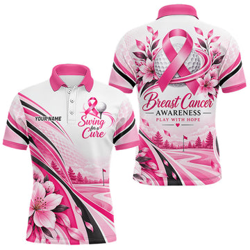 Maxcorners Breast Cancer Awareness Men Golf Polo Shirt Custom Pink Ribbon Team Jersey
