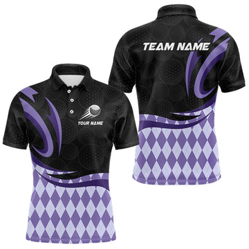 Maxcorners Personalized Mens Golf Polo Shirt Custom Name, Black Purple Argyle Golf Team Polo
