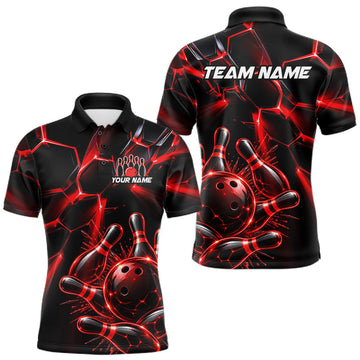 Maxcorners Men Red Glowing Lines Bowling Ball Jersey, Custom Team Name Bowling Polo Shirt LM0410