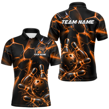 Maxcorners Men Orange Glowing Lines Bowling Ball Jersey, Custom Team Name Bowling Polo Shirt LM0410