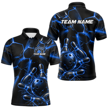 Maxcorners Men Blue Glowing Lines Bowling Ball Jersey, Custom Team Name Bowling Polo Shirt LM0410