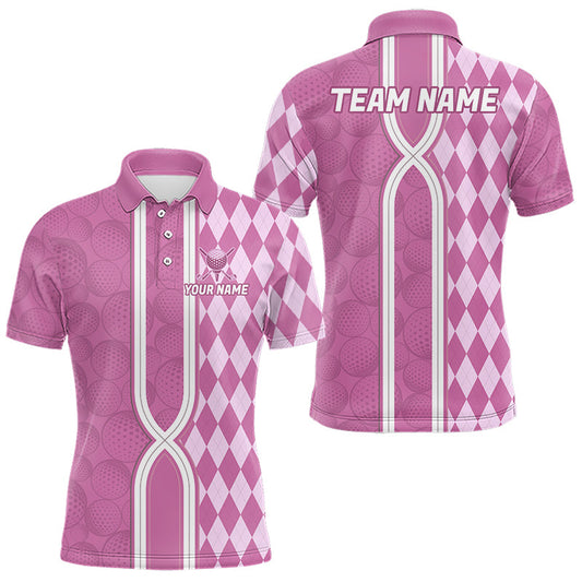Maxcorners Custom Men Golf Polo Shirt, Argyle Pink Golf Shirt, Personalized Name Team Golf Polo