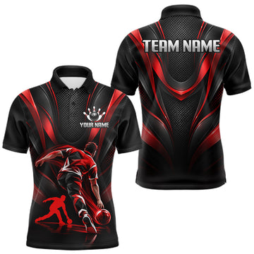 Maxcorners Red Black Bowling Player Polo Shirt For Men Custom Abstract Sports Team Tournament Jersey