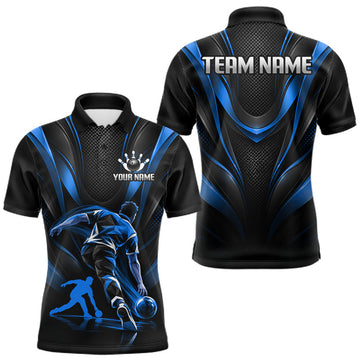 Maxcorners Blue Black Bowling Player Polo Shirt For Men Custom Abstract Sports Team Tournament Jersey