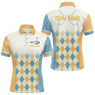 Maxcorners Argyle Pattern Golf Polo Shirts For Mens Custom Name, Golf Pattern Yellow Blue Shirt Gifts LM1705