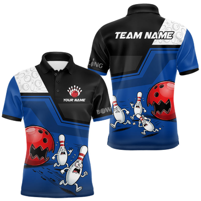 Maxcorners Custom Men Bowling Team Polo Shirt Blue Funny Pins Ball Design, Personalized Bowling Team Jersey