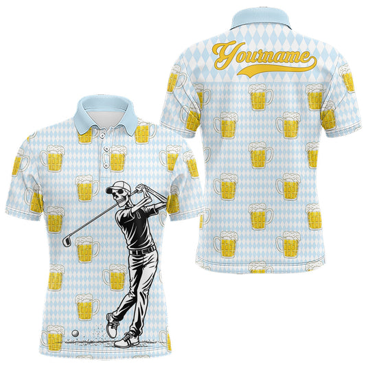 Maxcorners Funny Skull Golf Polo Shirts Beer Blue Argyle Pattern Custom Name Skull Playing Golf Apparel LM1904