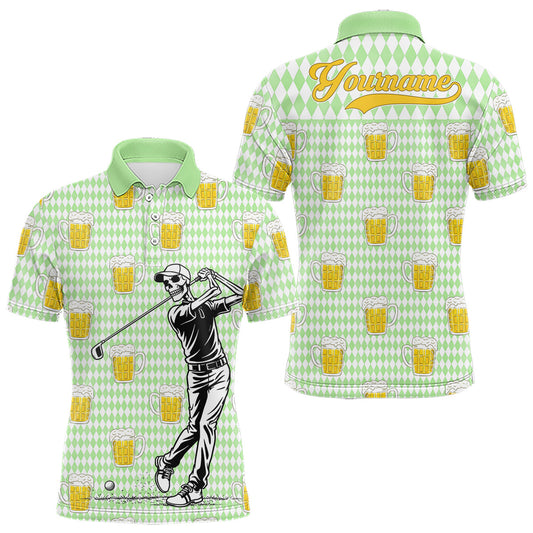 Maxcorners Funny Skull Golf Polo Shirts Beer Green Argyle Pattern Custom Name Skull Playing Golf Apparel LM1904