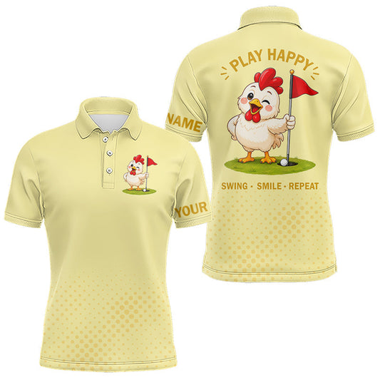 Maxcorners Personalized Funny Chicken Golf Polo Shirt Play Happy Swing Smile Repeat Golf Apparel For Men LM1705