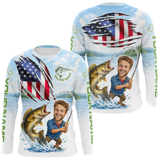Maxcorners Personalized Walleye Fishing Shirts Long Sleeve Custom Face Walleye Fishing Patriot Shirt LM2603