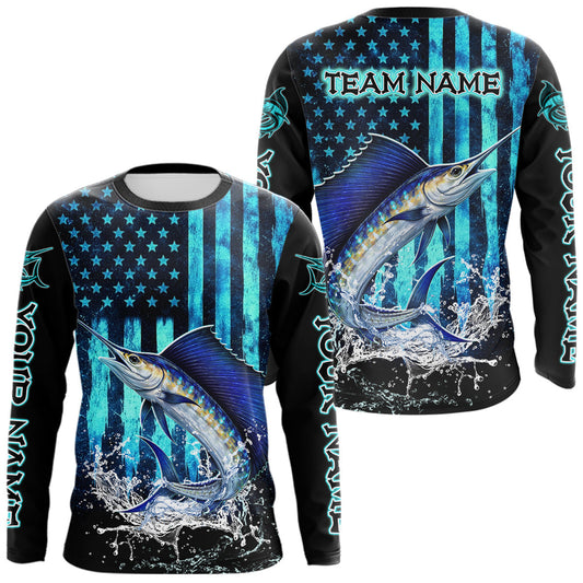 Maxcorners Custom Patriotic Sailfish Fishing Shirts Long Sleeve, Blue American Flag Sailfish Saltwater Fishing Shirt LM2603