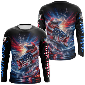 Maxcorners Patriotic Bass Fishing Long Sleeve Shirt – American Flag Design For Men LM0106