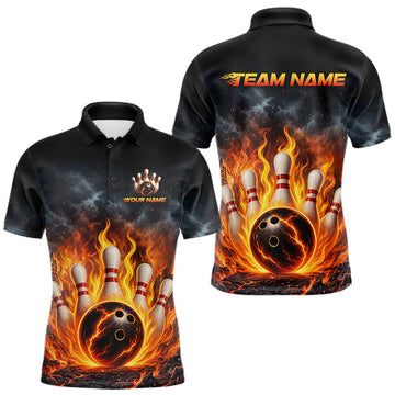 Maxcorners Fire Bowling Polo Shirt 1/4 Zip Personalized Custom Name Flaming Bowling Ball Team Jersey For Men LM2607