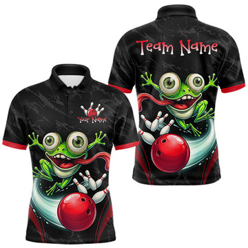 Maxcorners Funny Frog Bowling Polo Shirt 1/4 Zip Personalized Custom Name Red Bowling Ball Jersey For Men LM2607