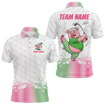 Maxcorners Personalized Men Funny Pig Pink Golf Shirt, Custom Golf Team Polo, Pig Golfer Shirt LM2709