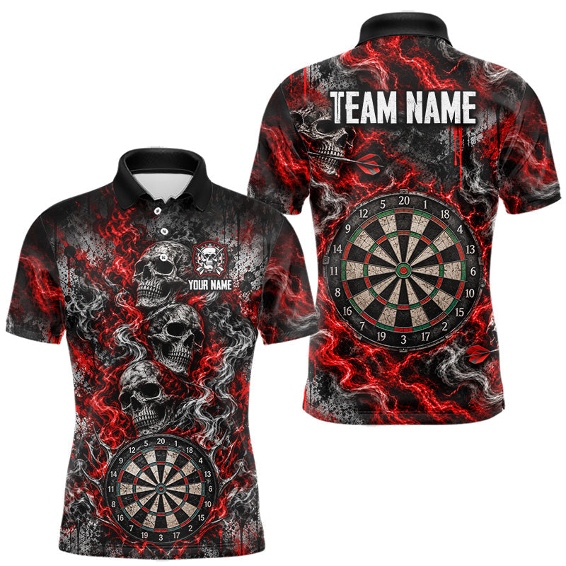 Maxcorners Red Fire Triple Skull Darts Polo Shirt For Men Custom Quarter Zip Dart Board Tournament Jersey