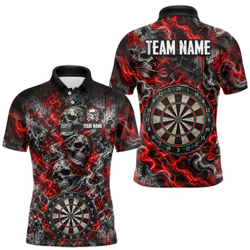 Maxcorners Red Fire Triple Skull Darts Polo Shirt For Men Custom Quarter Zip Dart Board Tournament Jersey