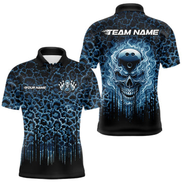 Maxcorners Personalized Blue Fire Skull Bowling Polo Shirt & Quarter Zip With Custom Team Name For Men LM2709