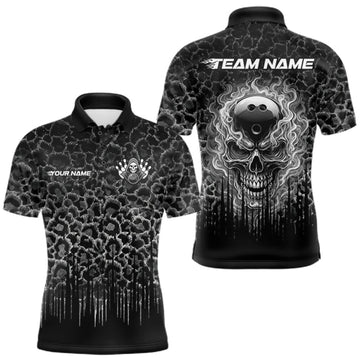 Maxcorners Personalized Black Fire Skull Bowling Polo Shirt & Quarter Zip With Custom Team Name For Men LM2709