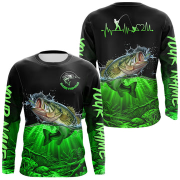 Maxcorners Largemouth Bass Fishing Shirt Long Sleeve For Tournament Angler Gift For Men Dad| Green LM1005