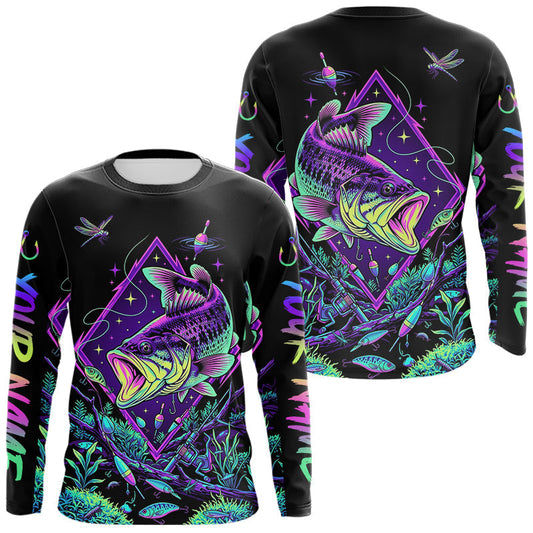 Maxcorners Neon Bass Fishing Shirts Long Sleeve Largemouth Bass Galaxy Glow Graphic Gift For Men Dad LM1005