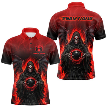 Maxcorners Personalized Grim Reaper Men Bowling Polo Shirt, Custom Team Name 1/4 Zip Bowling Jersey|Red LM0208