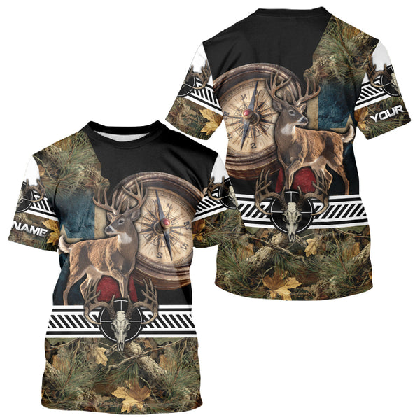 Maxcorners Deer Hunting Shirt Compass Design Forest Camo Custom Name Whitetail Deer Hunting Clothes LM0409