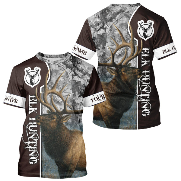 Maxcorners Elk Hunting Shirt Personalized 3D All Over Print Brown With Gray Camo Hunting Clothes LM0409