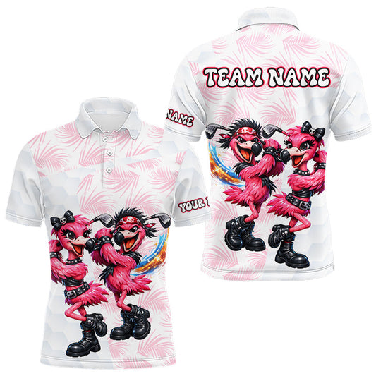 Maxcorners Personalized Funny Flamingo Rockstar Couple Golf Polo Shirt, Custom Name Matching Couple Golf Shirt LM1104