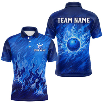 Maxcorners Custom Bowling Shirt Personalized Name, Blue Flame Bowling Polo, Team Bowling Jersey For Men LM2607