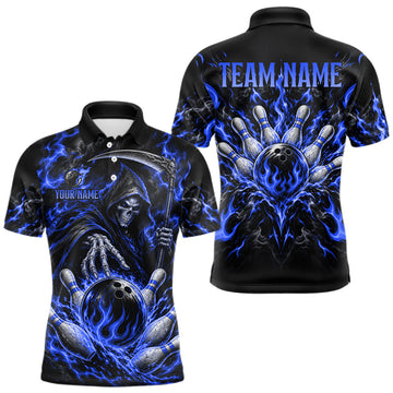 Maxcorners Personalized Blue Grim Reaper Flaming Bowling Ball Polo Shirt, Flaming Skull Bowling Team Jersey Men LM0410