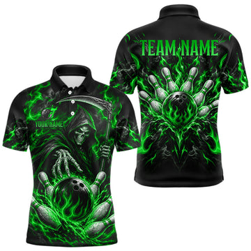 Maxcorners Personalized Green Grim Reaper Flaming Bowling Ball Polo Shirt, Flaming Skull Bowling Team Jersey Men LM0410