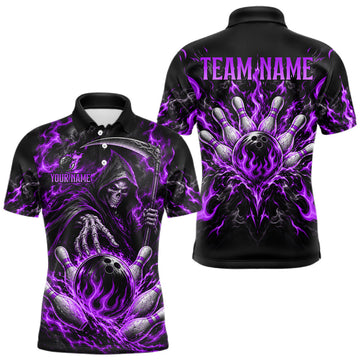 Maxcorners Personalized Purple Grim Reaper Flaming Bowling Ball Polo Shirt, Flaming Skull Bowling Team Jersey Men LM0410