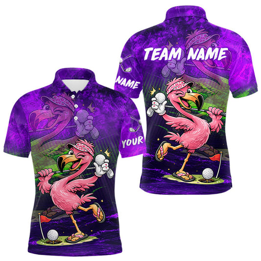Maxcorners Personalized Flamingo Mens Golf Polo Shirt Custom Name And Team Purple Funny Tropical Golf Outfit LM1307