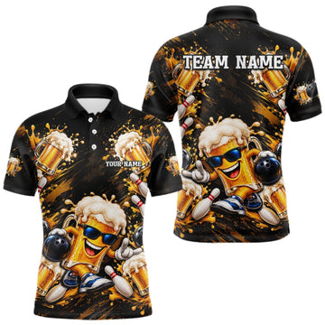 Maxcorners Cool Sunglasses Beer Mug Bowling Polo Shirt For Men Custom Black Team Tournament Jersey LM1910