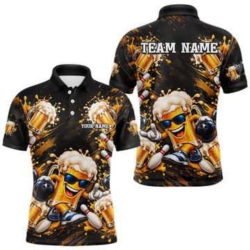 Maxcorners Cool Sunglasses Beer Mug Bowling Polo Shirt For Men Custom Black Team Tournament Jersey