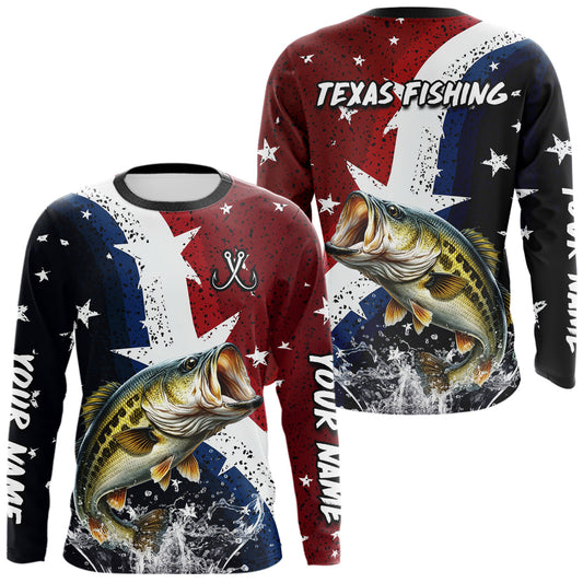 Maxcorners Personalized Texas Flag Bass Fishing Shirt Jerseys, Texas Bass Fishing Shirts Long Sleeve For Men LM1904
