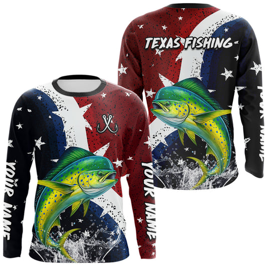 Maxcorners Personalized Texas Flag Mahi Mahi Fishing Shirt Jerseys, Texas Dorado Fishing Shirts Long Sleeve For Men LM1904