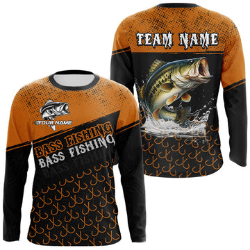 Maxcorners Personalized Largemouth Bass Fishing Jerseys, Orange Bass Fishing Shirts Long Sleeve Tournament Shirts LM1903