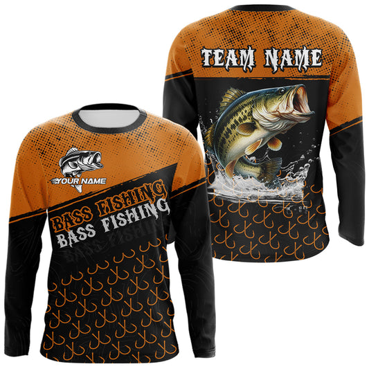 Maxcorners Personalized Largemouth Bass Fishing Jerseys, Orange Bass Fishing Shirts Long Sleeve Tournament Shirts LM1903