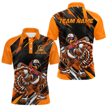 Maxcorners Custom Turkey Men Golf Polo Shirt, Funny Thanksgiving Golf Shirt, Orange Black Golf Team Apparel