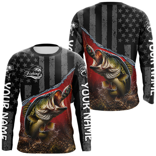 Maxcorners Gray Red Bass Custom Long Sleeve Fishing Shirts, American Flag Patriotic Bass Fishing Jerseys LM0106