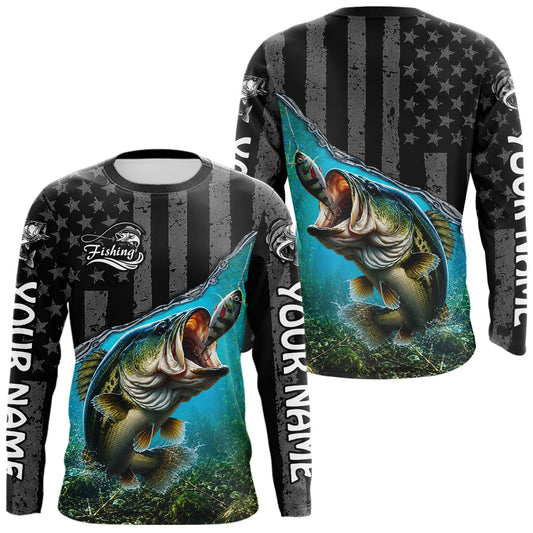Maxcorners Gray Blue Bass Custom Long Sleeve Fishing Shirt, American Flag Patriotic Bass Fishing Jerseys LM0106