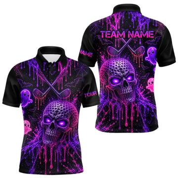 Maxcorners Custom Name Purple Pink Halloween Men Golf Polo Shirt, Spooky Neon Skull Ghost Golfing Apparel LM0409