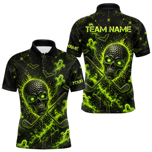 Maxcorners Custom Green Halloween Men Golf Team Shirt With Name, Neon Lime Skull Spooky Golf Polo Apparel