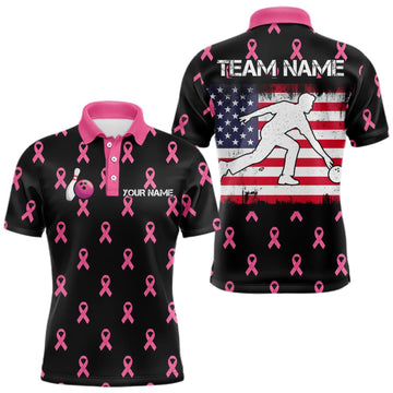 Maxcorners Custom Pink Ribbon Men Bowling Shirt, American Flag Breast Cancer Awareness Polo Gift For Bowler LM2709