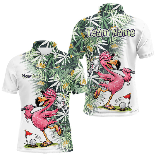 Maxcorners Funny Pink Flamingo Green Tropical Pattern Golf Polo Shirt Custom Golf Shirts For Men