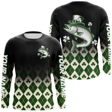 Maxcorners St. Patrick’S Day Chinook Salmon Fishing Shirt, Shamrock Argyle Long Sleeve Shirt For Anglers LM0609